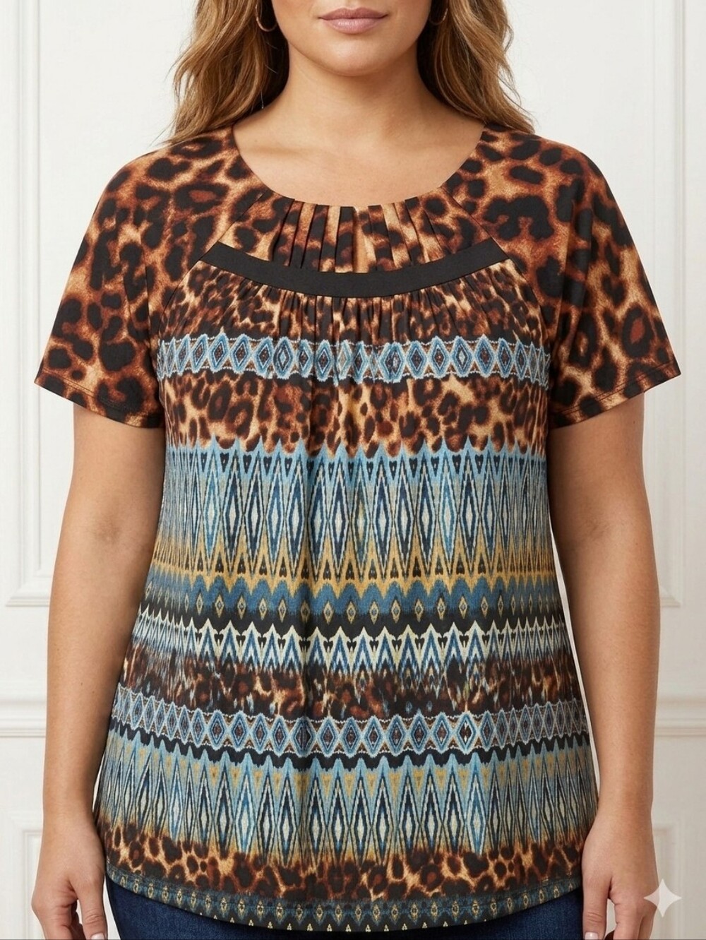Rafaella Mixed Print Leopard & Teal Geometric Pleated Short Sleeve Blouse Size L